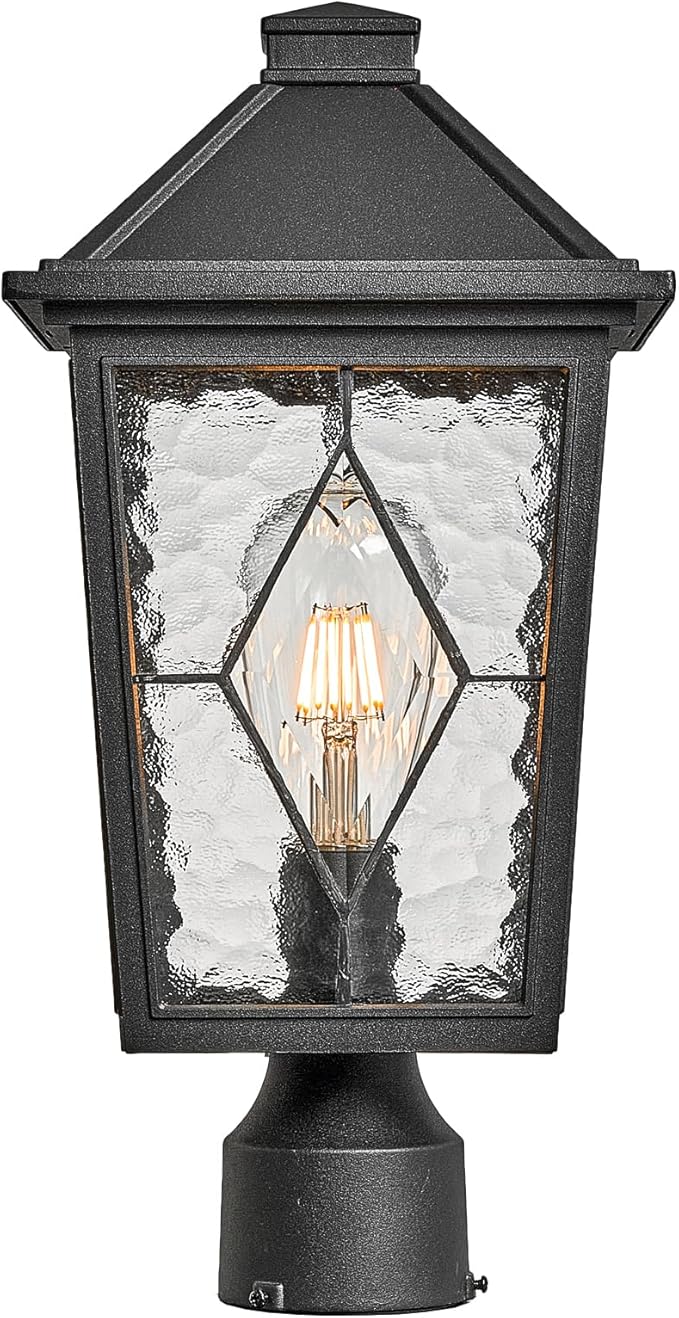 Outdoor Post Lights 16.5 Inch Black Lamp Post Light Fixture Aluminum Column Lighting with Water Ripple Glass E26 Socket Waterproof