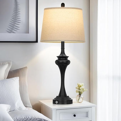 30 Inch Black Table Lamp Single, 3-Way Touch Control Bedside Lamp with USB A+C Ports, Modern Bedroom Lamps for Nightstand, Metal Living Room Lamps for Side Table Desk Office, Bulb Included