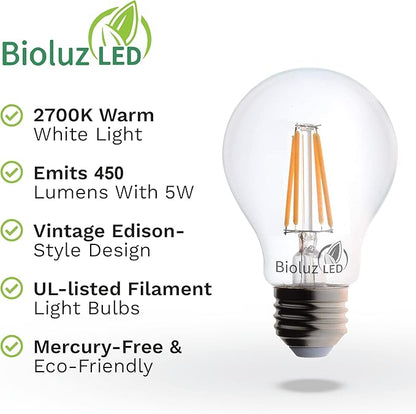 Bioluz LED 40 Watt A19 Light Bulbs Uses 5W Dimmable Filament Style Edison Light Bulbs, 2700K Warm FCC UL RoHS Title 20 90 CRI 6-Pack