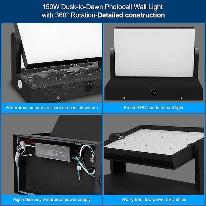 ledmo 150W LED Wall Pack Light Outdoor Dusk to Dawn LED Wall Pack Light Freely DIY Rotatable Modern 5000K Waterproof Black Security Floodlight Fixture for Shop House Area Barn，4 Pack