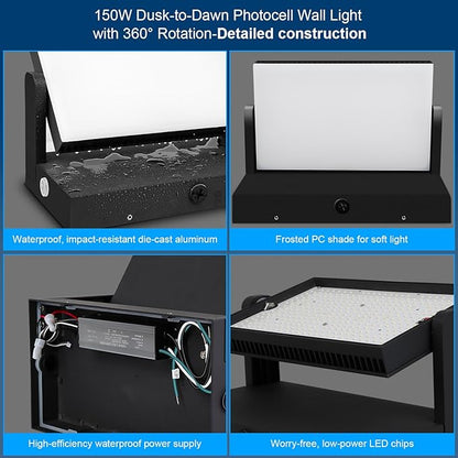 ledmo 150W LED Wall Pack Light Outdoor Dusk to Dawn LED Wall Pack Light Freely DIY Rotatable Modern 5000K Waterproof Black Security Floodlight Fixture for Shop House Area Barn，4 Pack