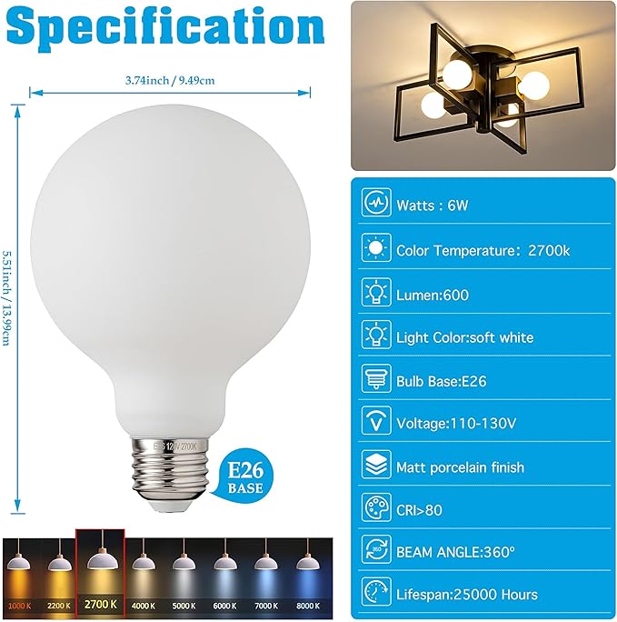 Frosted Globe Light Bulbs 60 Watt Equivalent, 6W No Dimmable LED Globe Light Bulbs, 2700k Soft White, E26 Standard Base G30/G95 Vintage LED Edison Bulb, 1 Pack