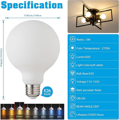 Frosted Globe Light Bulbs 60 Watt Equivalent, 6W No Dimmable LED Globe Light Bulbs, 2700k Soft White, E26 Standard Base G30/G95 Vintage LED Edison Bulb, 1 Pack