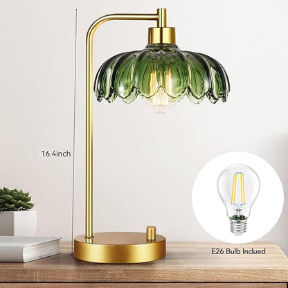 Glass Table Lamp Set of 2,Small Gold Bedside Lamps Dimmable Boho Bedroom Lamp with Tulip Flower Green Lamp Shade,Vintage Mid Century Modern Mini Nightstand Lamp for Bedroom Living Room