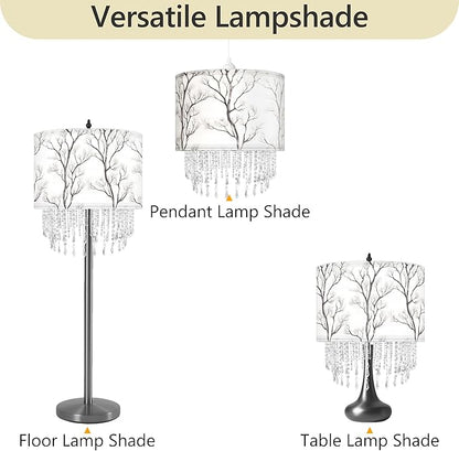 Winter Tree Branch Lamp Shade with Acrylic Bead Droplets, Branch Drum Fabric Light Shade for Pendant Table & Floor Lamp, Traditional Mordern Decor, 15.7in