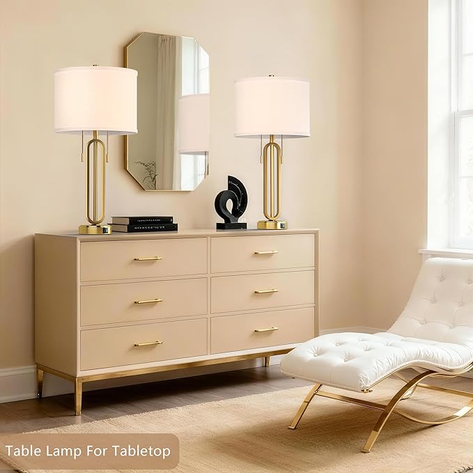 26.5" Set of 2 Industrial Table Lamps with USB C+ A Ports, Gold Metal Bedside Lamps, Pull Chain, Modern Farmhouse Nightstand Lamp for Bedroom, Living Room, Home Office with White Shade