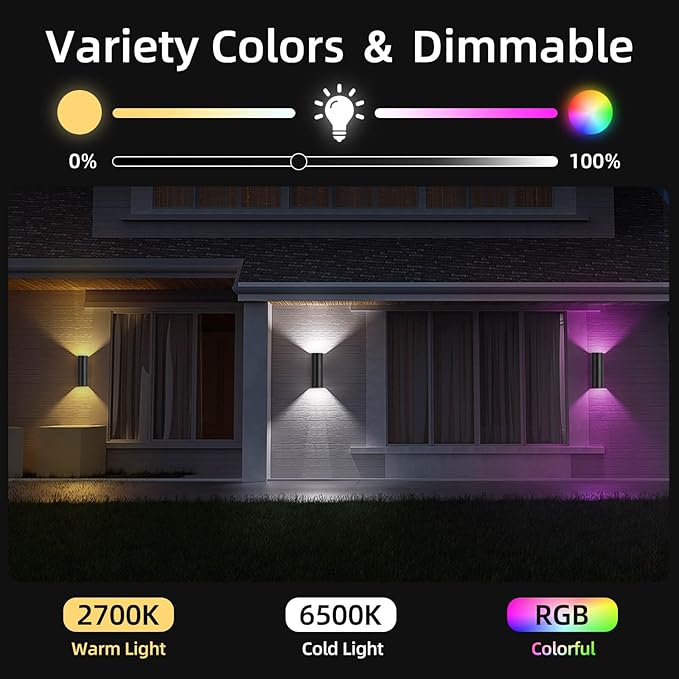 SHIMR Color Changing Outdoor Lights 2 Pack, RGB 2700K-6500K Smart Porch Lights with Remote, Cylinder Exterior Lighting Fixtures Aluminum Anti-Rust, Up and Down Lighting for House [ETL Listed]