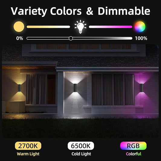 SHIMR Color Changing Outdoor Lights 2 Pack, RGB 2700K-6500K Smart Porch Lights with Remote, Cylinder Exterior Lighting Fixtures Aluminum Anti-Rust, Up and Down Lighting for House [ETL Listed]