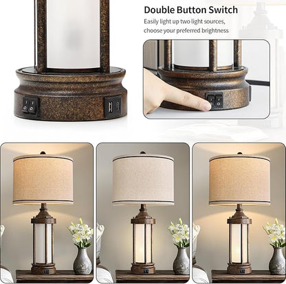 25'' Table Lamps Set of 2 for Living Room Bedroom Farmhouse Metal Lamps with 2 USB Ports, Built-In Frosted Glass Night Light Vintage Industrial Nightstand Bedside Lamp, 4 Bulbs Included, Bronze
