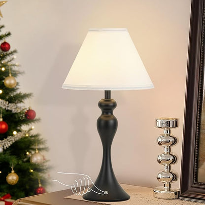Rechargeable Cordless Table Lamps, Battery Operated Lamp with Fabric Shade for Decor, 3 Color Stepless Dimming LED Table Light, Nightstand Lamp for Nursery, Bedroom, Living Room, Home Office (Black)