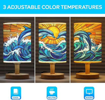 Dolphin Table Lamp LED 3-Color Pressed Bedside, Dolphin Shade Lamp with Wood Base for Bedroom Living Room Desk Office TL01