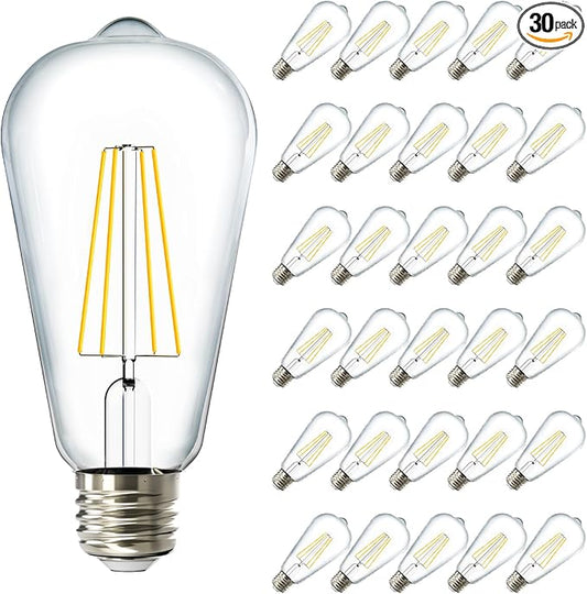 Sunco 30 Pack Edison Bulbs LED ST64, Clear Vintage Filament Waterproof Bulb, 800 LM, 8W (60W Equivalent), ST19, 3000K Warm White, E26 Medium Base, Decorative Dimmable UL