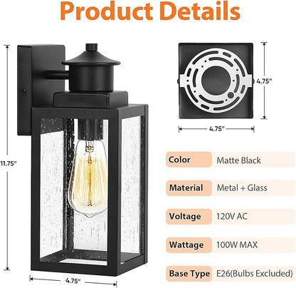 BesLowe 2-Pack Outdoor Wall Lights, Exterior Lighting Fixtures Wall Mount, Waterproof Porch Lights Outdoor Wall Sconces with Seeded Glass, Matte Black Outside Lights for House Front Door Patio Garage