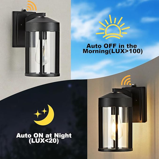 OKELI Dusk to Dawn Outdoor Wall Lights Fixture with Photocell Sensor – Modern Geometric Industrial Black Exterior Wall Sconce, Waterproof Anti-Rust Outside Porch Light for House Patio Entryway Garage