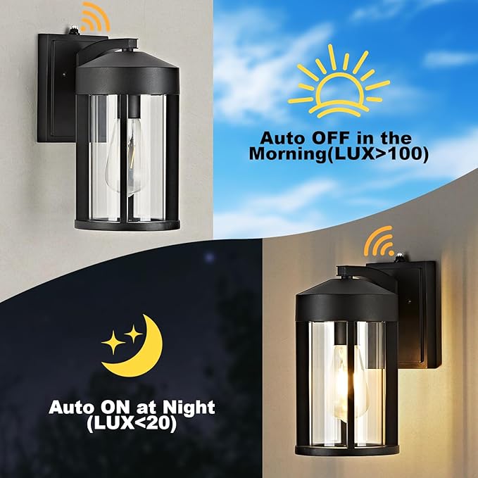 Dusk to Dawn Outdoor Wall Lights Fixture with Photocell Sensor, Modern Geometric Industrial Black Exterior Wall Sconce, Waterproof Anti-Rust Outside Porch Light for House Patio Entryway Garage(2 Pack)