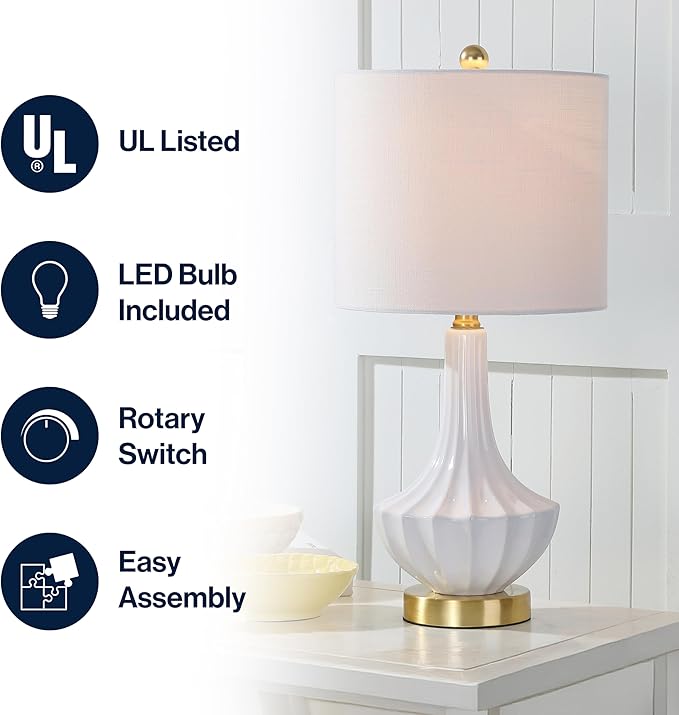 JONATHAN Y JYL1030A 21.5" Modern Ceramic Table Lamp, White and Brass Bedside Lamp for Living Room, Bedroom Nightstand, Contemporary End Table Desk Lamp with White Linen Drum Shade, LED Bulb Included