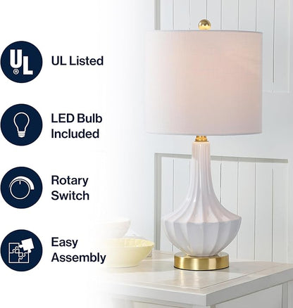 JONATHAN Y JYL1030A 21.5" Modern Ceramic Table Lamp, White and Brass Bedside Lamp for Living Room, Bedroom Nightstand, Contemporary End Table Desk Lamp with White Linen Drum Shade, LED Bulb Included