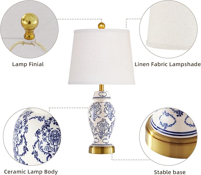 RORIANO Chinoiserie Ceramic Table Lamps Set of 2 for Living Room Bedroom Bedside, Traditional Blue Porcelain Classic Table Lamp for Nightstand Entryway, 2 LED Bulbs Included