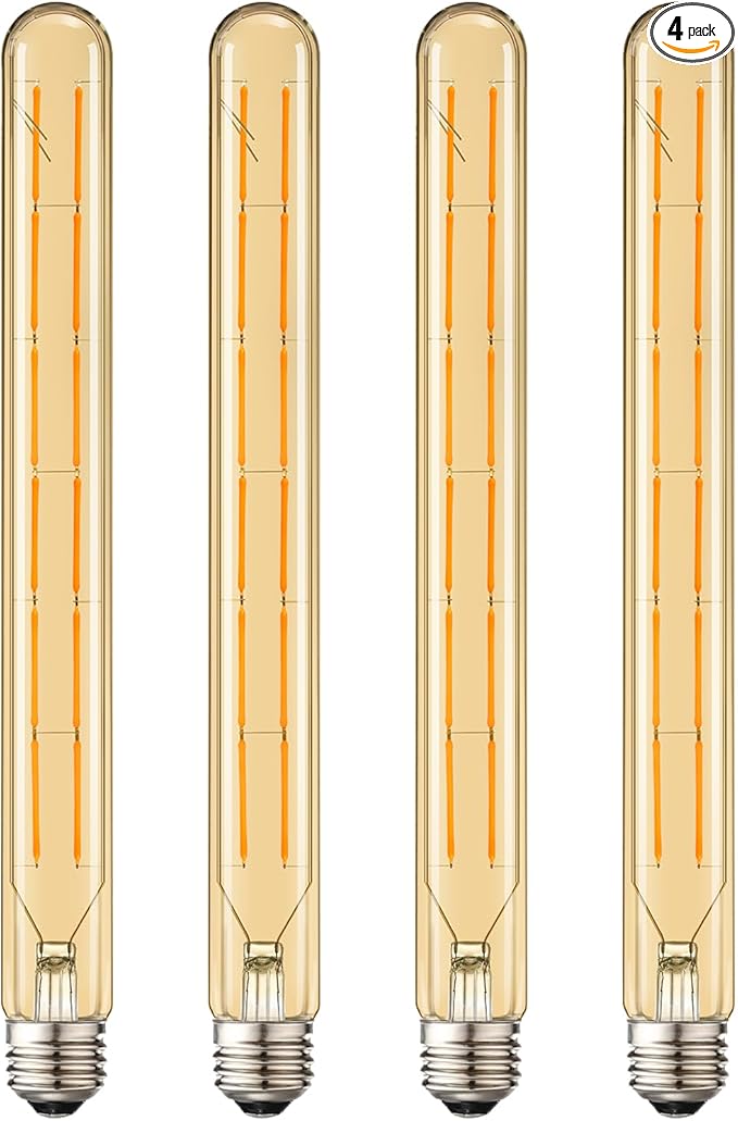 Leools T300 Led Long Bulbs,12W Dimmable Tubular Bulb,100 Watt Equivalent,E26 Edison Style Vintage LED Filament Light Bulb,Amber Glass,2700K Warm White,11.8inch(300mm) Tall T10 Light Bulbs,4-Pack.