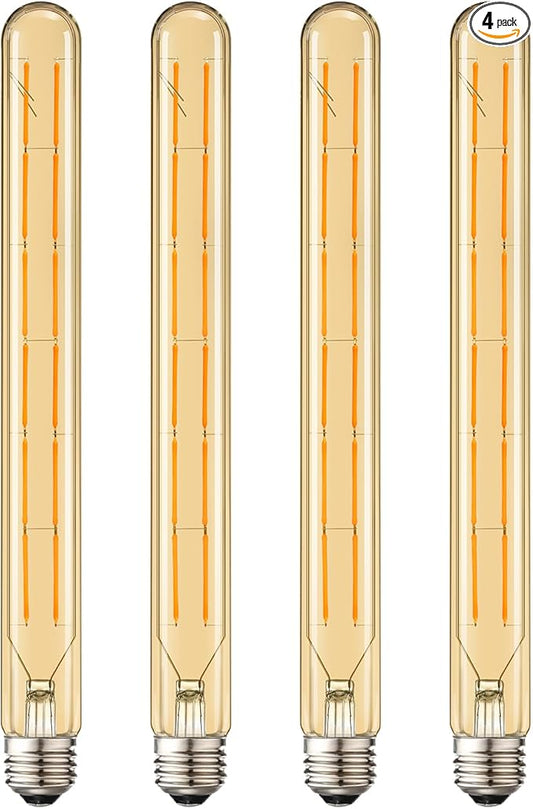 Leools T300 Led Long Bulbs,12W Dimmable Tubular Bulb,100 Watt Equivalent,E26 Edison Style Vintage LED Filament Light Bulb,Amber Glass,2700K Warm White,11.8inch(300mm) Tall T10 Light Bulbs,4-Pack.