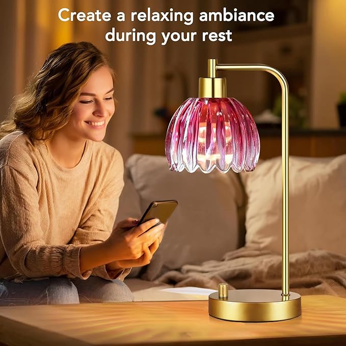 Pink Table Lamp Set of 2,Small Gold Bedside Lamps Dimmable Boho Bedroom Lamp with Flower Glass Lamp Shade,Vintage Mid Century Modern Mini Nightstand Lamp for Girls Kids Bedroom Living Room