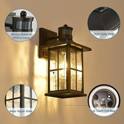 2 Pack Motion Sensor Outdoor Porch Lights Dusk to Dawn Exterior Wall Lantern Black Outside Sconce Lighting Fixtures Waterproof Wall Mount Coach Lamp for House Garage Patio Entryway