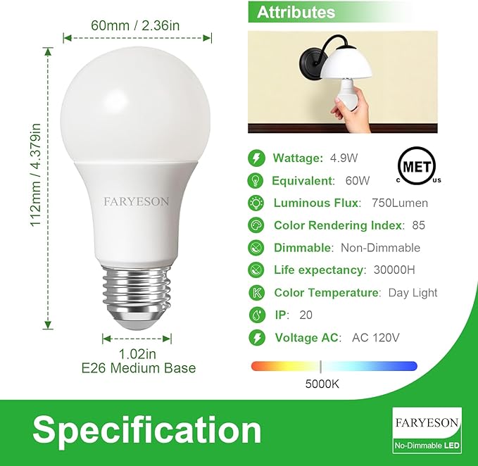 Ultra Efficient 60 Watt Light Bulbs Daylight White, A19 LED E26 Frosted Bulb 5000K 750 Lumens, 30000 Hrs Lifetime, Energy-Efficient 4.9W=60W, Low Heat, Flicker-Free, Non-Dimmable, 6 Pack