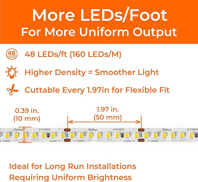 24V 2835 LED Strip Lights 3000K, 300+LM/FT, 16.4FT, UL Listed, CRI95, High Density 160LEDs/m Tape Light, Cuttable, Dimmable, VHB Equipped, for Pros, Bedroom, Kitchen, Cabinet (NO Power Supply)