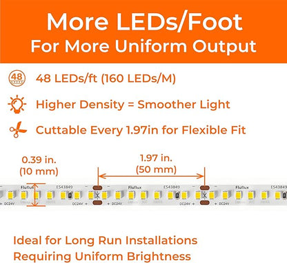 24V 2835 LED Strip Lights 4000K, 500+LM/FT, 32.8FT, UL Listed, CRI95, High Density 160LEDs/m Tape Light, Cuttable, Dimmable, VHB Equipped, for Pros, Architectural Lighting (NO Power Supply)