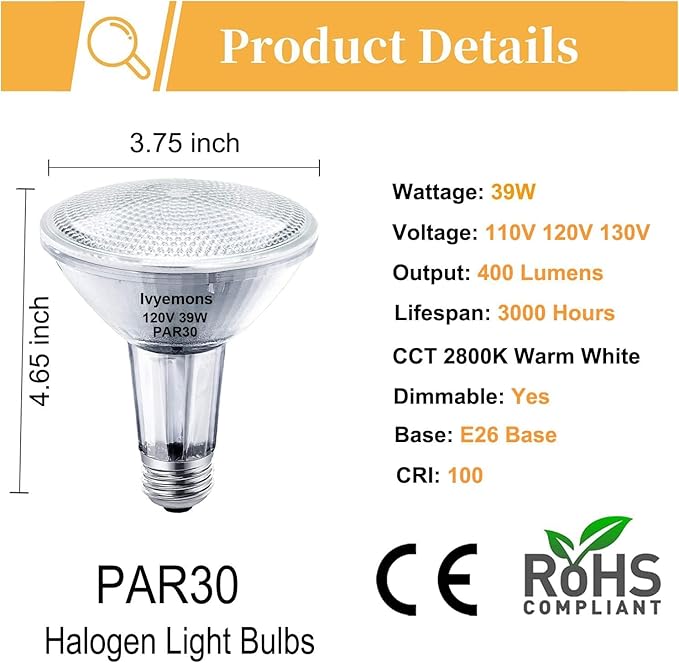 PAR30 Long Neck Halogen 39W - 6 Pack PAR30 Flood Light Bulbs E26 Base, PAR 30 Dimmable 2800K Warm White, Long Lasting PAR 30 Halogen Bulb for Accent Lighting, Tracking Light, Recessed Lights