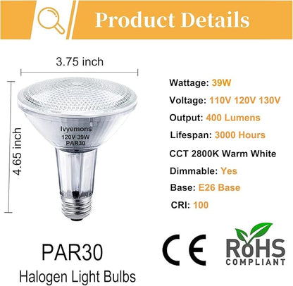 PAR30 Long Neck Halogen 39W - 6 Pack PAR30 Flood Light Bulbs E26 Base, PAR 30 Dimmable 2800K Warm White, Long Lasting PAR 30 Halogen Bulb for Accent Lighting, Tracking Light, Recessed Lights
