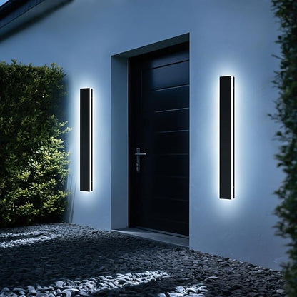 Upgrade Widened 2 Pack Black Outdoor Wall Sconce, 47.2inch Dimmable Modern LED Exterior Light Fixture, 3000K-6000K, IP65 Waterproof, Long Wall Mount Lamp for Fence, Garden, House with Remote Control