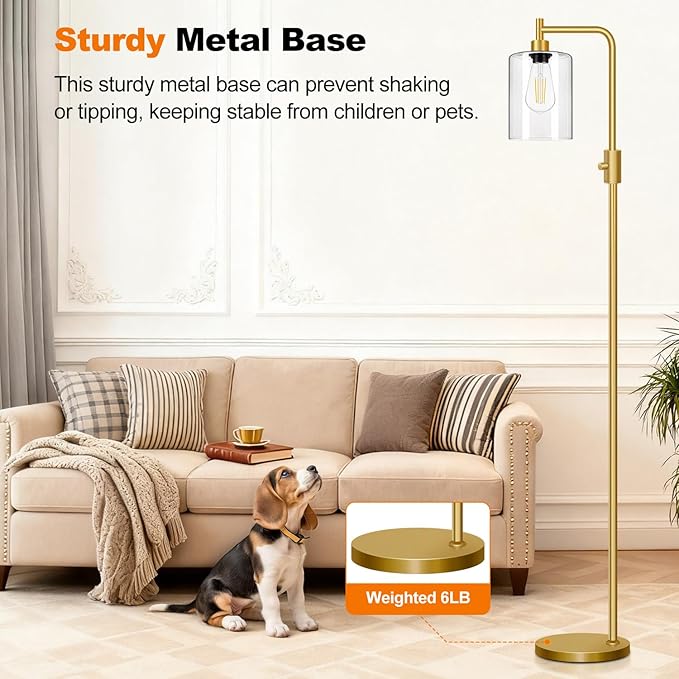 【Upgraded】Dimmable Gold Floor Lamp for Living Room with Clear Glass Lampshade, Glass Modern Floor Lamp with 900LM Edison Bulb Included, Standing Tall Lamp for Bedroom, Office, Reading Room, Corner
