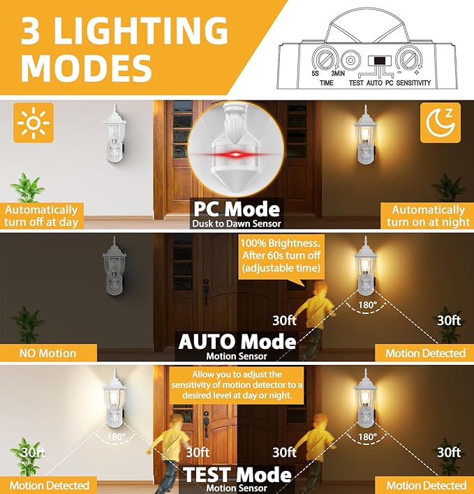 2 Pack Porch Lights with Outlet, Motion Sensor Outdoor Lights, Updated Dusk to Dawn Exterior Lighting Fixtures, Waterproof Anti-Rust Aluminum Outside Light for House Entryway Garage, White