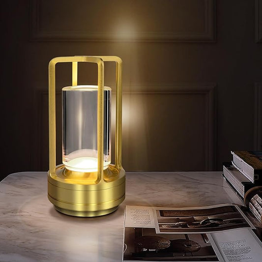 Cordless Table Lamp for Outdoor Indoor, Portable Rechargeable Battery Powered LED Crystal Lantern Lamp, 3 Color Touch Control Stepless Dimming, Small Desk Light for Restaurant Home (Gold)
