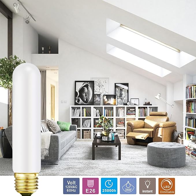 Leools TE26 LED Light Bulb T10 6W 5.1inch E26 Base Matt Opal Porcelain Dimmable Tubular LED Light Bulb,E26 Edison Bulb 6W Equal 60 watt Light Bulb 4000K Neutral White, CRI90+,600LM,6 Packs