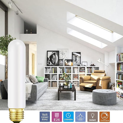 Leools TE26 LED Light Bulb T10 6W 5.1inch E26 Base Matt Opal Porcelain Dimmable Tubular LED Light Bulb,E26 Edison Bulb 6W Equal 60 watt Light Bulb 4000K Neutral White, CRI90+,600LM,6 Packs