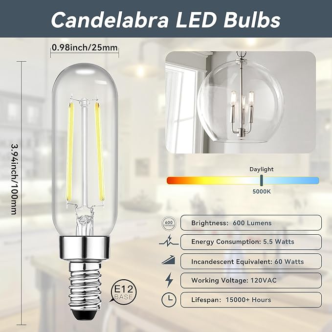 TJOY E12 T6 Candelabra LED Bulbs, Dimmable 5.5W Equivalent 60W 5000K Daylight, Small Base LED Clear Light Bulb, Vintage Edison Bulb Decorative for Chandelier, Ceiling Fan Wall Sconces, 600lm, 12pack
