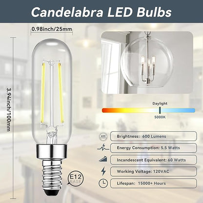 TJOY E12 T6 Candelabra LED Bulbs, Dimmable 5.5W Equivalent 60W 5000K Daylight, Small Base LED Clear Light Bulb, Vintage Edison Bulb Decorative for Chandelier, Ceiling Fan Wall Sconces, 600lm, 12pack