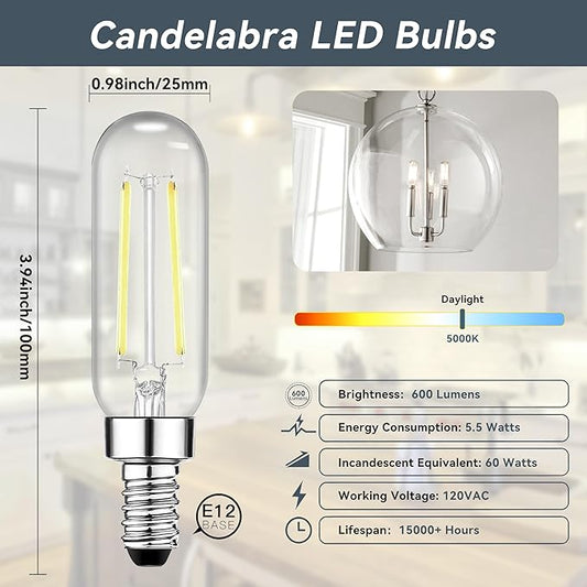 TJOY E12 T6 Candelabra LED Bulbs, Dimmable 5.5W Equivalent 60W 5000K Daylight, Small Base LED Clear Light Bulb, Vintage Edison Bulb Decorative for Chandelier, Ceiling Fan Wall Sconces, 600lm, 12pack