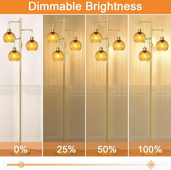 Modern Floor Lamp for Living Room, Mid Century Standing Tree Lamps with Orange Glass Shade, Dimmable 3 Lights Tall Lamp, 3 x 600LM LED Edison Bulbs Included