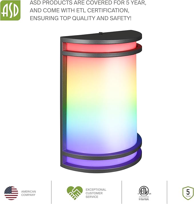 ASD 10 Inch Smart RGBW LED Outdoor & Indoor Wall Mount Light Fixture - Black RGB Wall Sconce Exterior Lighting - 120-277V 15W 2700-6500K Dimmable, Remote Control, Alexa - Front Door, Patio ETL