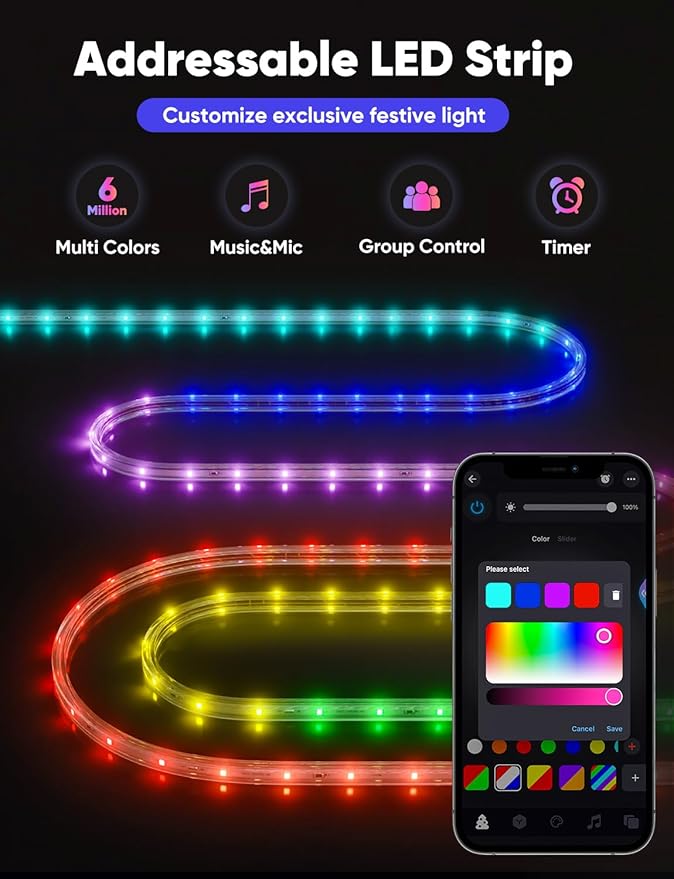 16FT Outdoor LED Strip Lights RGB+IC with Warm&Cool White, ETL Listed Music Sync Light Strip AC 120V, IP65 Waterproof and Connectable, for Party Festival Eave Porch Patio Every Day Decor