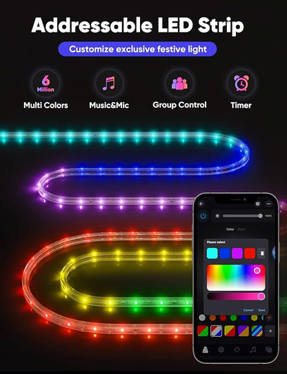 16FT Outdoor LED Strip Lights RGB+IC with Warm&Cool White, ETL Listed Music Sync Light Strip AC 120V, IP65 Waterproof and Connectable, for Party Festival Eave Porch Patio Every Day Decor