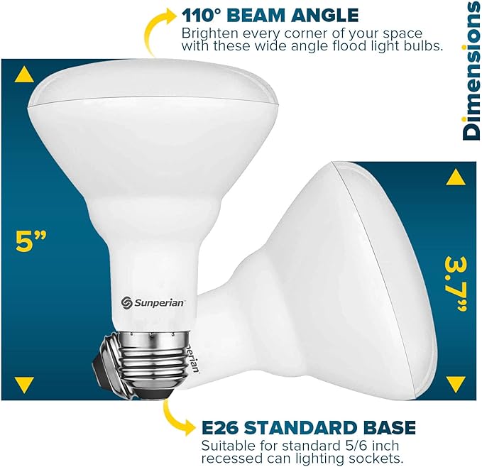 SUNPERIAN BR30 LED Bulb, 8.5W=65W, 5000K Daylight, 800 Lumens, Dimmable Flood Light Bulbs for Recessed Cans, Enclosed Fixture Rated, Damp Rated, UL Listed, E26 Standard Base (4 Pack)