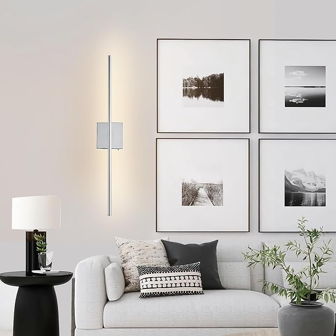 Battery Operated Wall Sconces with Remote Control, Dimmable Wall Sconces Set of Two, 350°Rotate, 3000K LED Chrome Wireless Wall Light for Living Room, Hallway, Bedroom, 28.3 Inch (2 Pack)