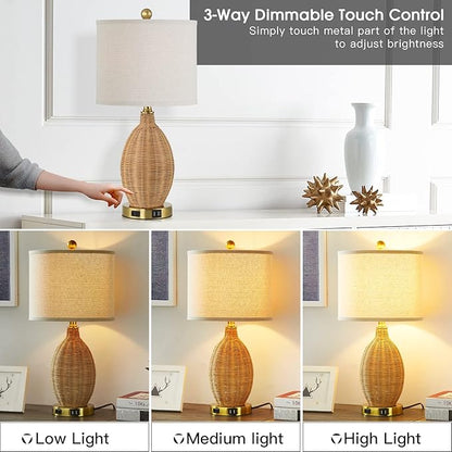 Touch Control Rattan Table Lamps, 3 Way Dimmable Bedside Lamps for Bedroom Set of 2 with 2 USB Ports and AC Outlet, Wicker Nightstand Lamps for Living Room (LED Bulbs Included), Gold