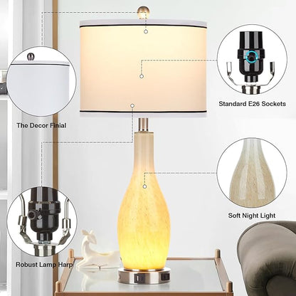 27" Glass Table Lamps Set of 2 with Nightlight, 3 Way Touch Control Modern Bedside Lamps with USB A+C Ports & AC Outlet, Boho Yellow Nightstand Lamps for Bedroom Living Room