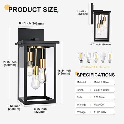 TODOLUZ 3-Light Large Outdoor Wall Light Fixture, Waterproof Exterior Porch Wall Sconce Lighting for Garage House Patio, E26 Bulb Base