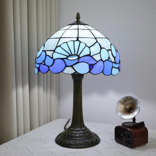 Blue Sea Style Stained Glass Table Lamps Shell Tiffany Lamp Bedroom Bedside Living Room Aesthetic Vintage Accent Farmhouse Night Light for End Table Office Nightstand End Table Desk Reding 12X19 Inch